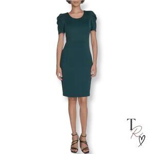 Calvin Klein NWT Puff Sleeve Midi Sheath Career Cocktail Dress Dark Green Size 8